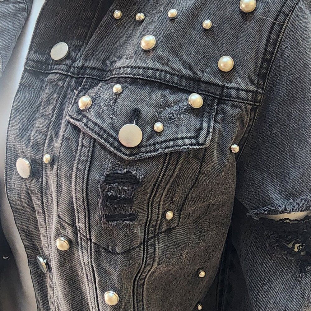 TINSEL Women’s Distressed Black Denim Jacket with Pearl Accents - Size S - Picture 7 of 12